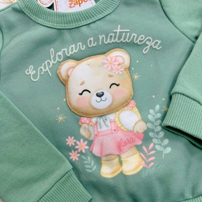 Conj. Casaco de Moletom Explorar a Natureza e Calça Legging Ursinha - Verde e Areia